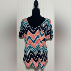 Pink Owl Chevron Blouse Short Sleeve Flowy Women’s Size Medium Boho
